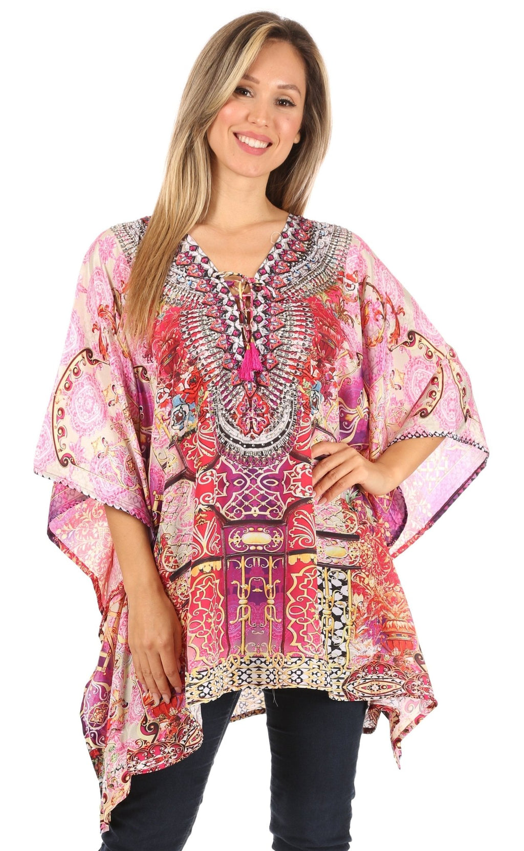 Stylish Rhinestone Lace-Up V-Neck Women's Caftan Poncho Cover-Up by Sakkas Aymee - Che Cose Belle
