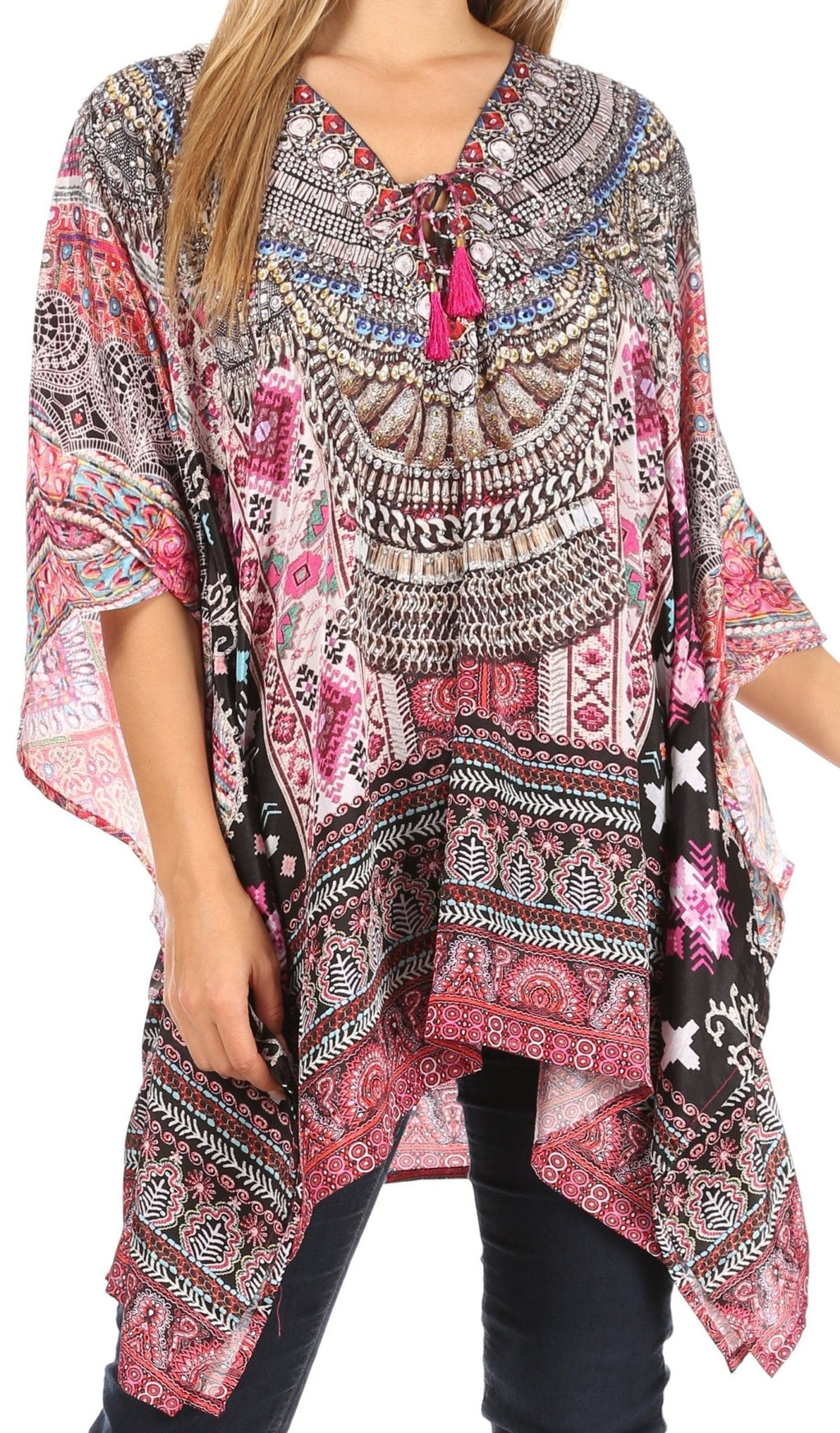 Stylish Rhinestone Lace-Up V-Neck Women's Caftan Poncho Cover-Up by Sakkas Aymee - Che Cose Belle