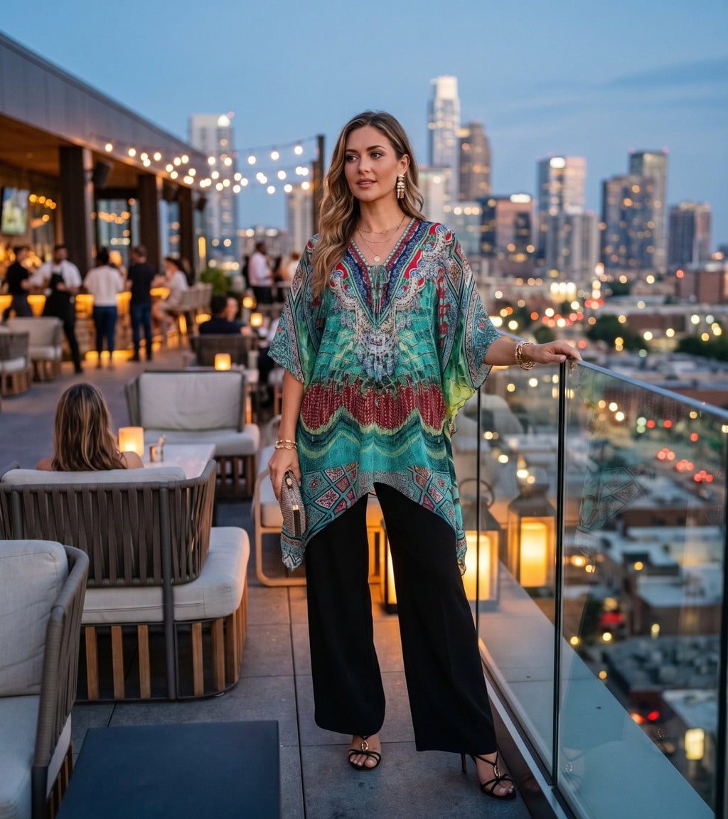 Stylish Rhinestone Lace-Up V-Neck Women's Caftan Poncho Cover-Up by Sakkas Aymee - Che Cose Belle