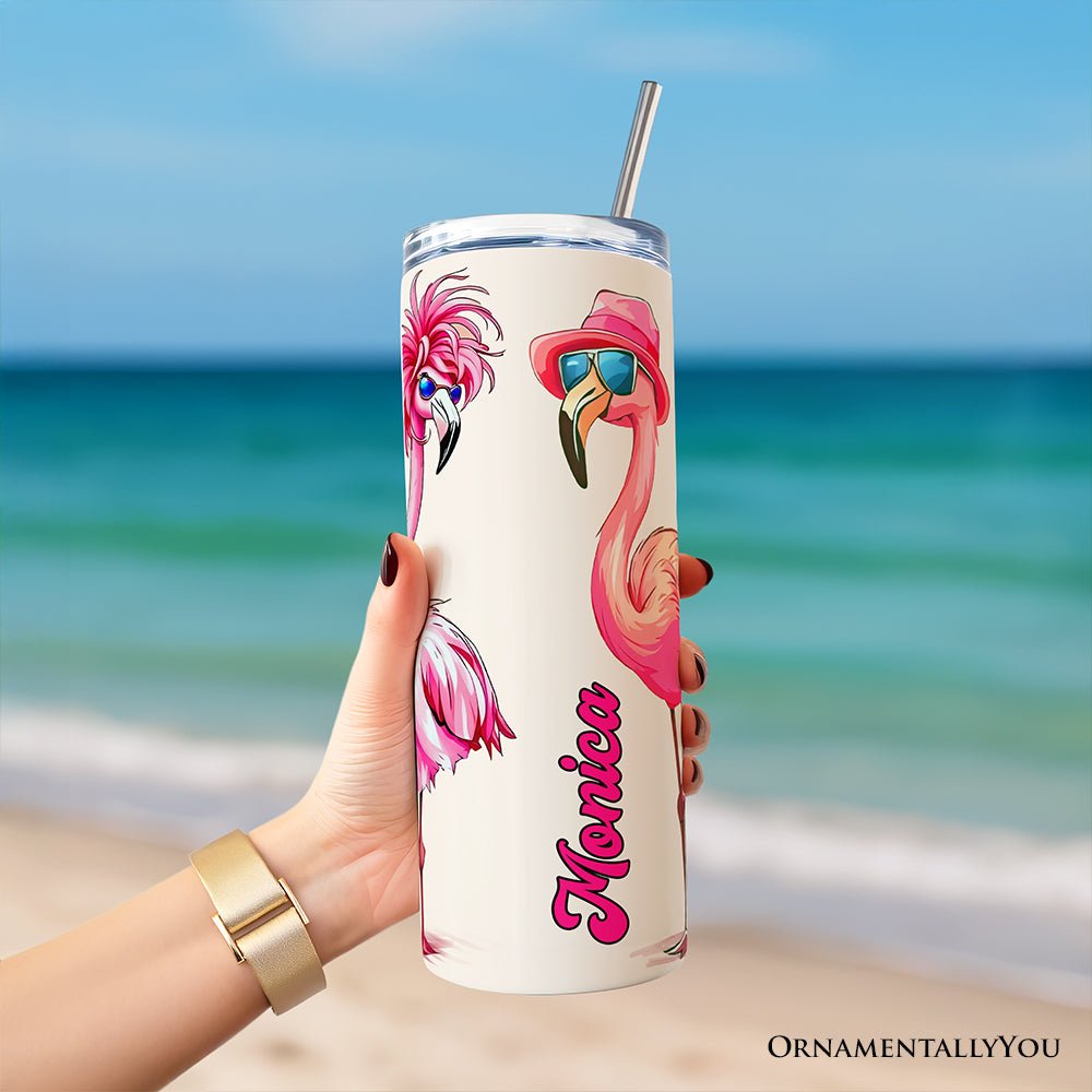 Stylish Summer Flamingo 20oz Personalized Tumbler With Lid and Stainless Steel Straw, Retro Tropical Birds Gift Cup - Che Cose Belle