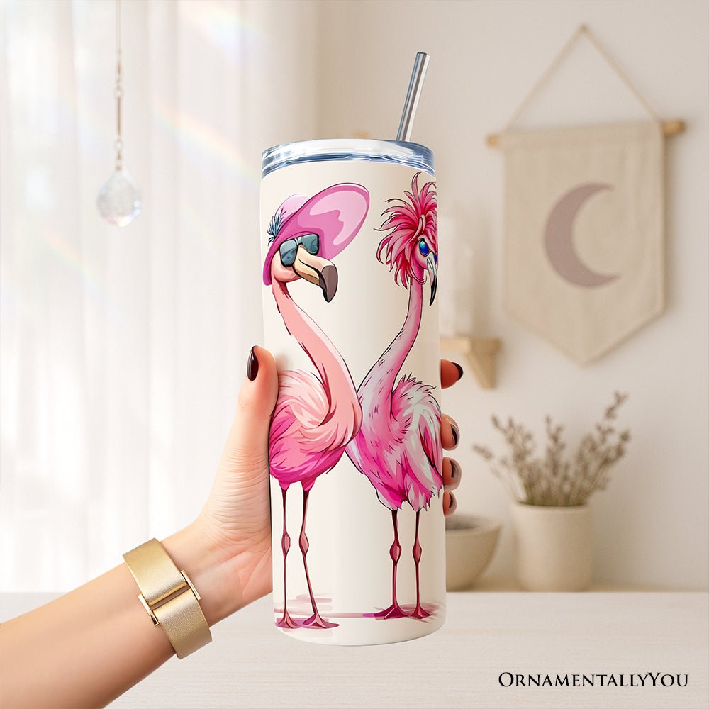 Stylish Summer Flamingo 20oz Personalized Tumbler With Lid and Stainless Steel Straw, Retro Tropical Birds Gift Cup - Che Cose Belle