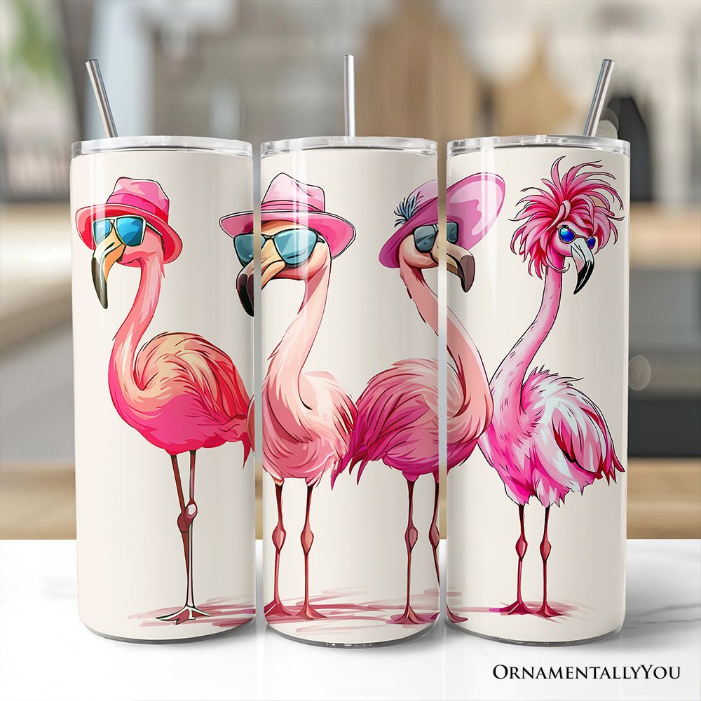 Stylish Summer Flamingo 20oz Personalized Tumbler With Lid and Stainless Steel Straw, Retro Tropical Birds Gift Cup - Che Cose Belle