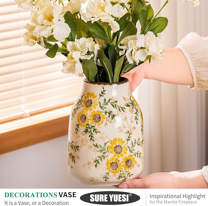 Sunflower Vintage Ceramic Yellow Floral Vase, Beige and Green Chinoiserie Home Decor for Fireplace Mantle, Table Centerpieces, Kitchen Counter, Tuscan, Cute Flower Vase for Living Room Office 7.8 Inch - Che Cose Belle