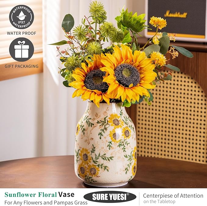 Sunflower Vintage Ceramic Yellow Floral Vase, Beige and Green Chinoiserie Home Decor for Fireplace Mantle, Table Centerpieces, Kitchen Counter, Tuscan, Cute Flower Vase for Living Room Office 7.8 Inch - Che Cose Belle