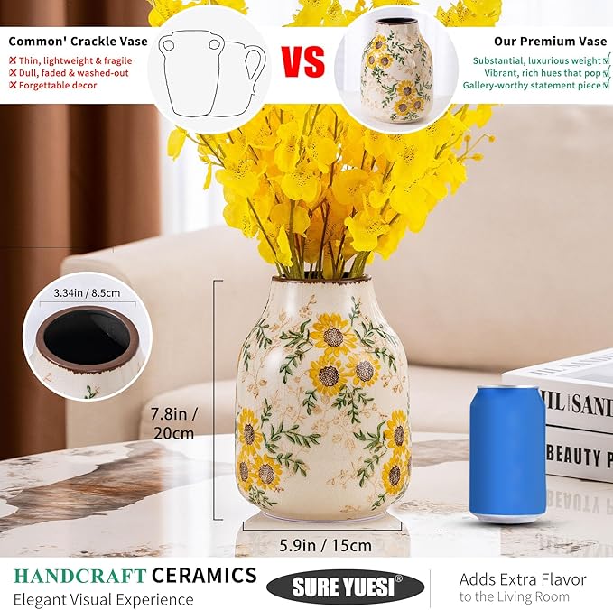 Sunflower Vintage Ceramic Yellow Floral Vase, Beige and Green Chinoiserie Home Decor for Fireplace Mantle, Table Centerpieces, Kitchen Counter, Tuscan, Cute Flower Vase for Living Room Office 7.8 Inch - Che Cose Belle