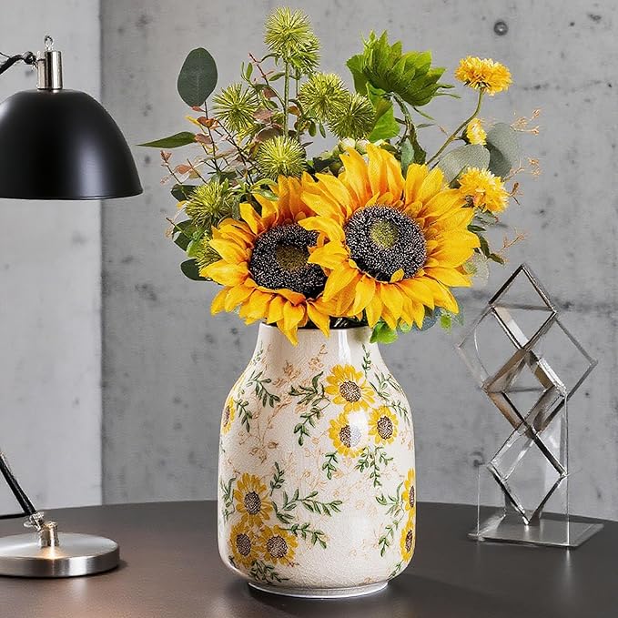 Sunflower Vintage Ceramic Yellow Floral Vase, Beige and Green Chinoiserie Home Decor for Fireplace Mantle, Table Centerpieces, Kitchen Counter, Tuscan, Cute Flower Vase for Living Room Office 7.8 Inch - Che Cose Belle