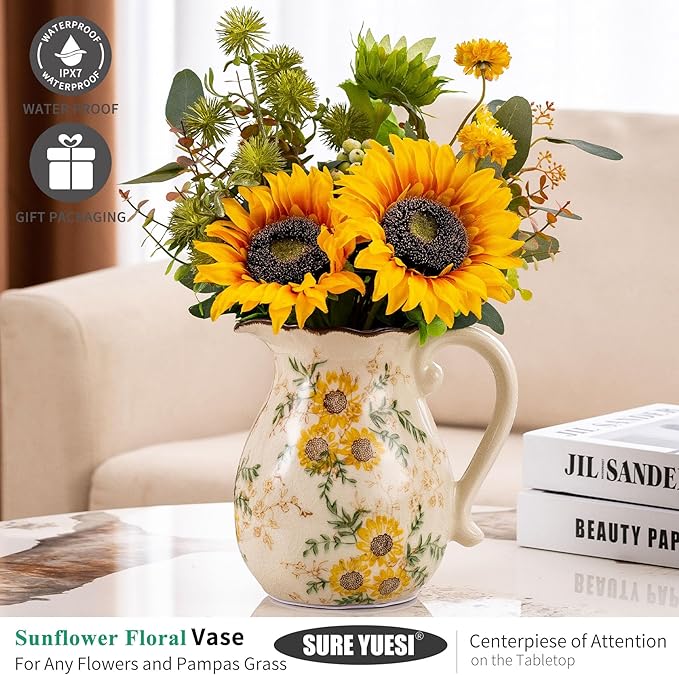 Sunflower Vintage Ceramic Yellow Floral Vase with Handle, Chinoiserie Floral Pitcher Vase, Rustic Ceramic Farmhouse Vases for Home Decor, Living Room, Bookshelf, Office, Grand Millennial Decor 7.9 in - Che Cose Belle