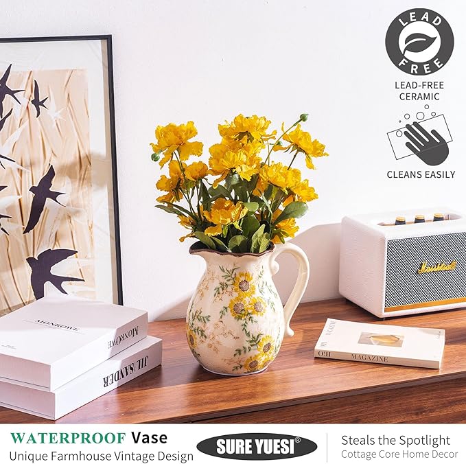 Sunflower Vintage Ceramic Yellow Floral Vase with Handle, Chinoiserie Floral Pitcher Vase, Rustic Ceramic Farmhouse Vases for Home Decor, Living Room, Bookshelf, Office, Grand Millennial Decor 7.9 in - Che Cose Belle
