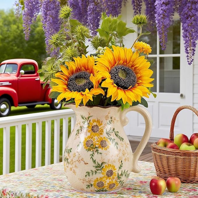 Sunflower Vintage Ceramic Yellow Floral Vase with Handle, Chinoiserie Floral Pitcher Vase, Rustic Ceramic Farmhouse Vases for Home Decor, Living Room, Bookshelf, Office, Grand Millennial Decor 7.9 in - Che Cose Belle