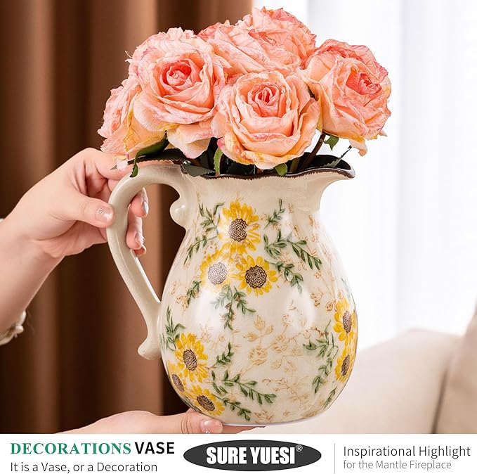 Sunflower Vintage Ceramic Yellow Floral Vase with Handle, Chinoiserie Floral Pitcher Vase, Rustic Ceramic Farmhouse Vases for Home Decor, Living Room, Bookshelf, Office, Grand Millennial Decor 7.9 in - Che Cose Belle