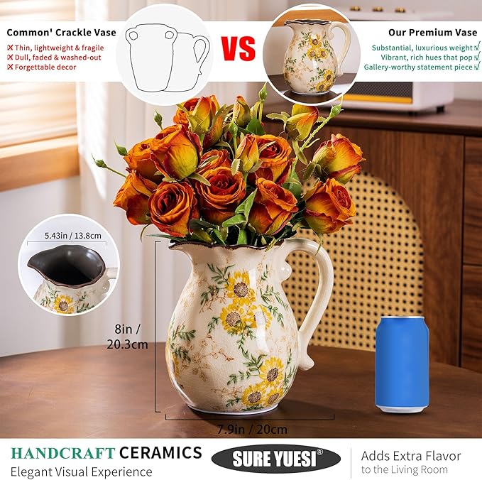 Sunflower Vintage Ceramic Yellow Floral Vase with Handle, Chinoiserie Floral Pitcher Vase, Rustic Ceramic Farmhouse Vases for Home Decor, Living Room, Bookshelf, Office, Grand Millennial Decor 7.9 in - Che Cose Belle