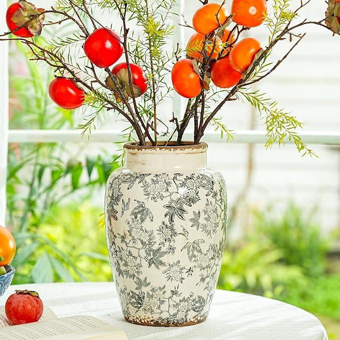 Sungmor Ceramic Flower Vase, Vintage Ice Cracked Glaze Porcelain Vase, Pretty Home Decor Vase for Flower Arrangement, Fresh Flowers, 10.2 Inch Tall Chinoiserie Pottery Vase, Gray Floral Pattern - Che Cose Belle