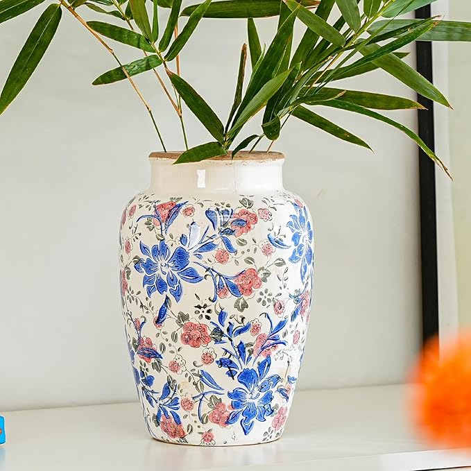 Sungmor Ceramic Flower Vase, Vintage Ice Cracked Glaze Porcelain Vase, Pretty Home Decor Vase for Flower Arrangement, Fresh Flowers, 10.2 Inch Tall Chinoiserie Pottery Vase, Blue Floral Pattern - Che Cose Belle