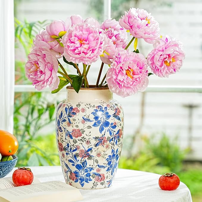Sungmor Ceramic Flower Vase, Vintage Ice Cracked Glaze Porcelain Vase, Pretty Home Decor Vase for Flower Arrangement, Fresh Flowers, 10.2 Inch Tall Chinoiserie Pottery Vase, Blue Floral Pattern - Che Cose Belle