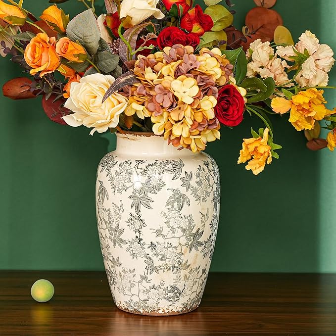 Sungmor Ceramic Flower Vase, Vintage Ice Cracked Glaze Porcelain Vase, Pretty Home Decor Vase for Flower Arrangement, Fresh Flowers, 10.2 Inch Tall Chinoiserie Pottery Vase, Gray Floral Pattern - Che Cose Belle