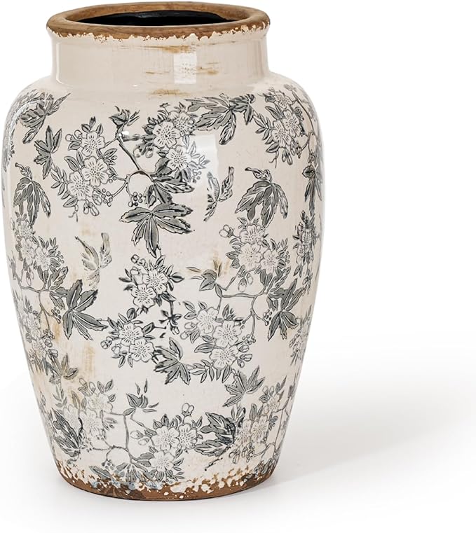 Sungmor Ceramic Flower Vase, Vintage Ice Cracked Glaze Porcelain Vase, Pretty Home Decor Vase for Flower Arrangement, Fresh Flowers, 10.2 Inch Tall Chinoiserie Pottery Vase, Gray Floral Pattern - Che Cose Belle