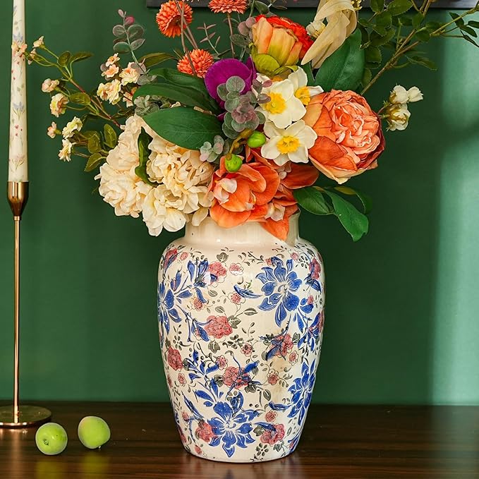 Sungmor Ceramic Flower Vase, Vintage Ice Cracked Glaze Porcelain Vase, Pretty Home Decor Vase for Flower Arrangement, Fresh Flowers, 10.2 Inch Tall Chinoiserie Pottery Vase, Blue Floral Pattern - Che Cose Belle