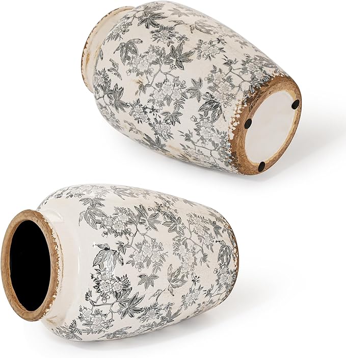 Sungmor Ceramic Flower Vase, Vintage Ice Cracked Glaze Porcelain Vase, Pretty Home Decor Vase for Flower Arrangement, Fresh Flowers, 10.2 Inch Tall Chinoiserie Pottery Vase, Gray Floral Pattern - Che Cose Belle