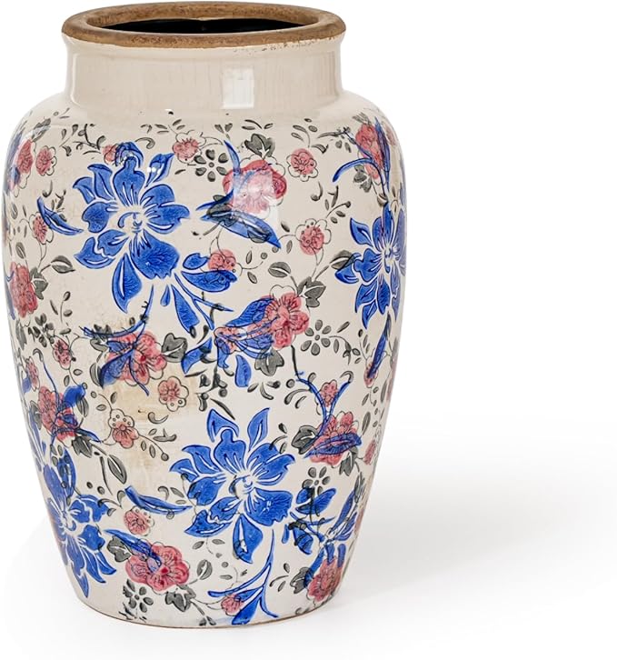 Sungmor Ceramic Flower Vase, Vintage Ice Cracked Glaze Porcelain Vase, Pretty Home Decor Vase for Flower Arrangement, Fresh Flowers, 10.2 Inch Tall Chinoiserie Pottery Vase, Blue Floral Pattern - Che Cose Belle