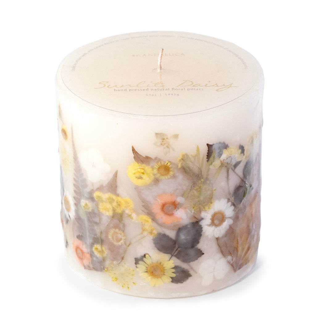 Sunlit Daisy Pressed Flower Pillar Candle - Che Cose Belle