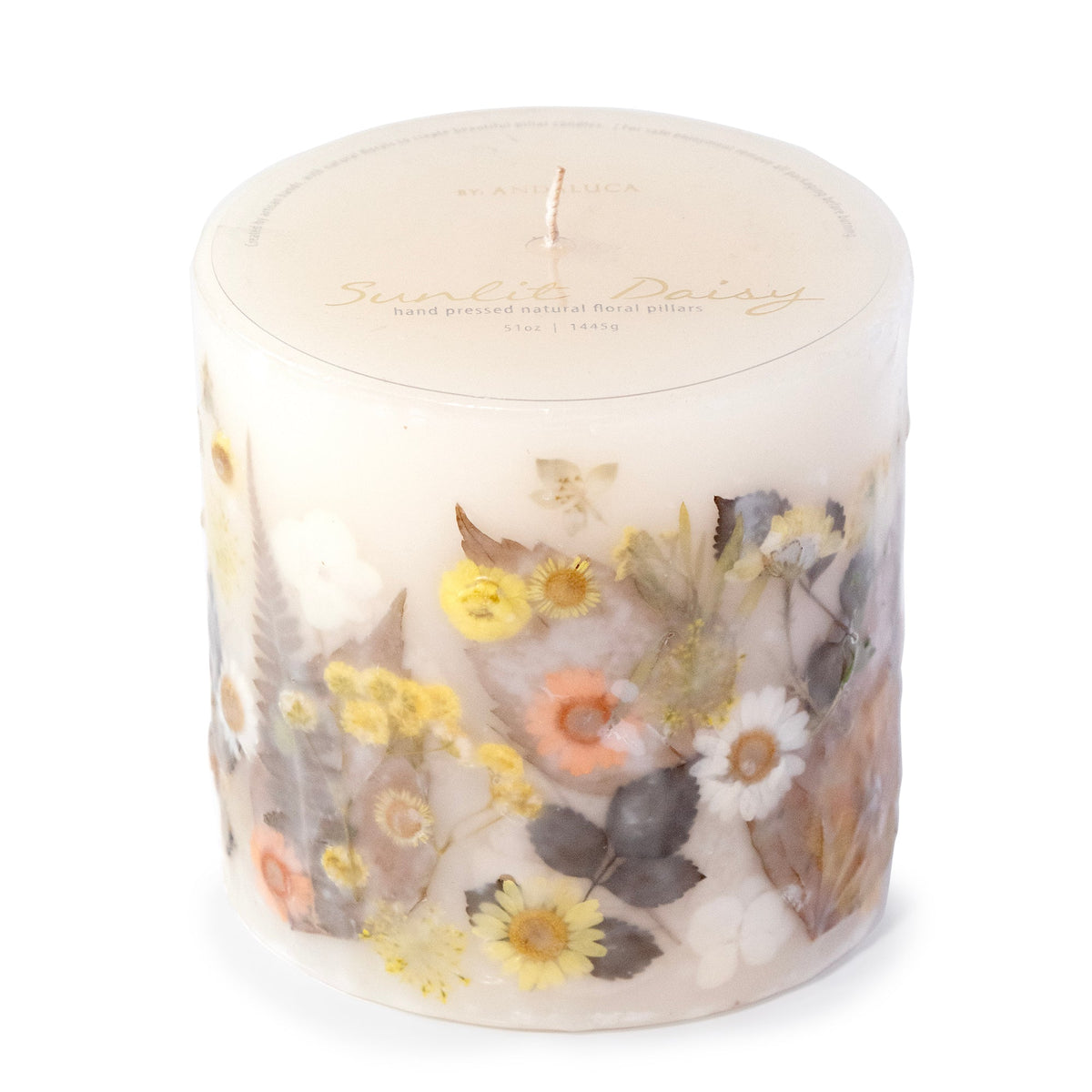 Sunlit Daisy Pressed Flower Pillar Candle - Che Cose Belle
