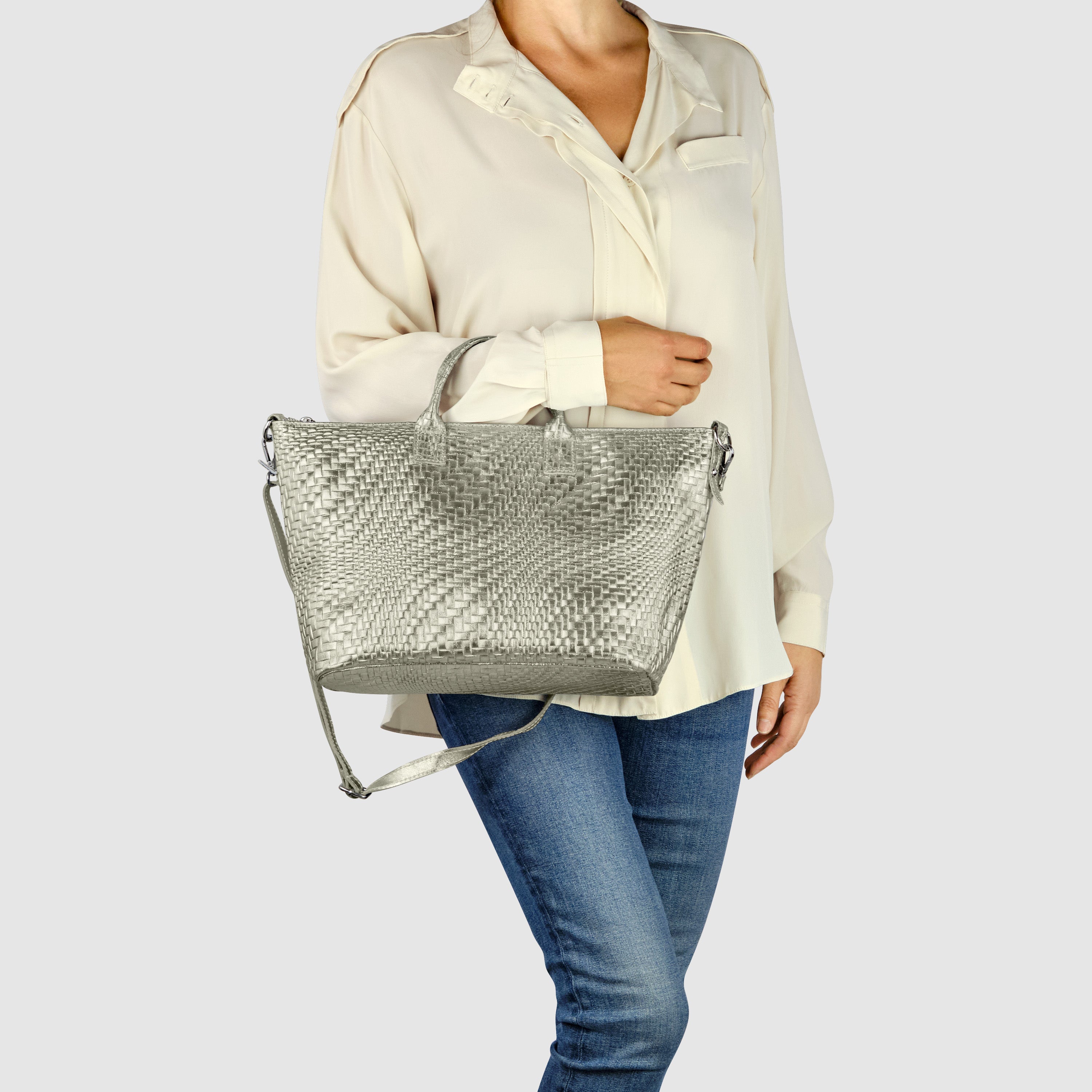 Italian Genuine Basketweave-Embossed Metallic Suede Top-Handle Bag | Treviso