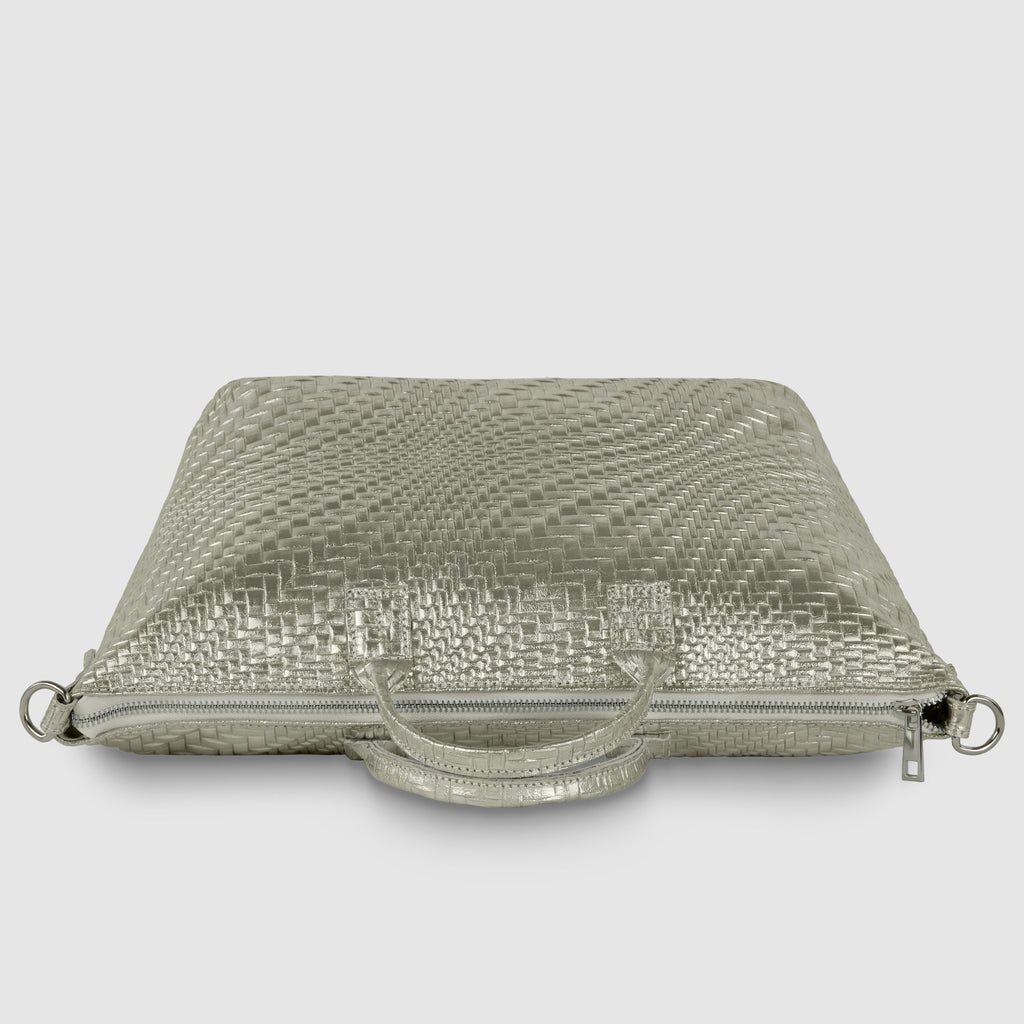 Italian Genuine Basketweave-Embossed Metallic Suede Top-Handle Bag | Treviso