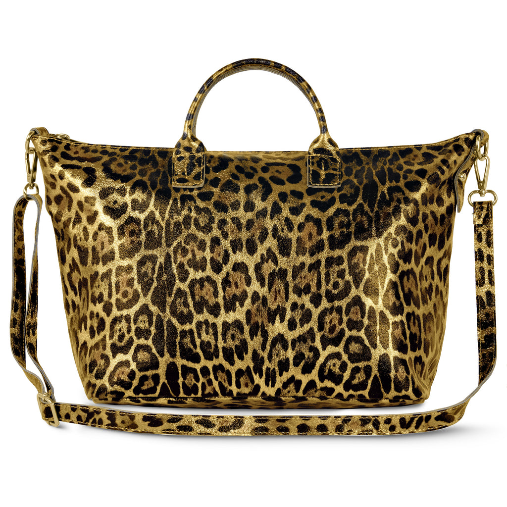 Italian Genuine Leopard-Print Metallic Suede Top-Handle Bag | Rimini