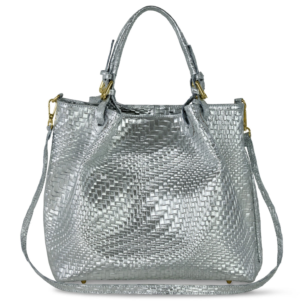 Italian Genuine Basketweave-Embossed Metallic Suede Top-Handle Bag | Imperia