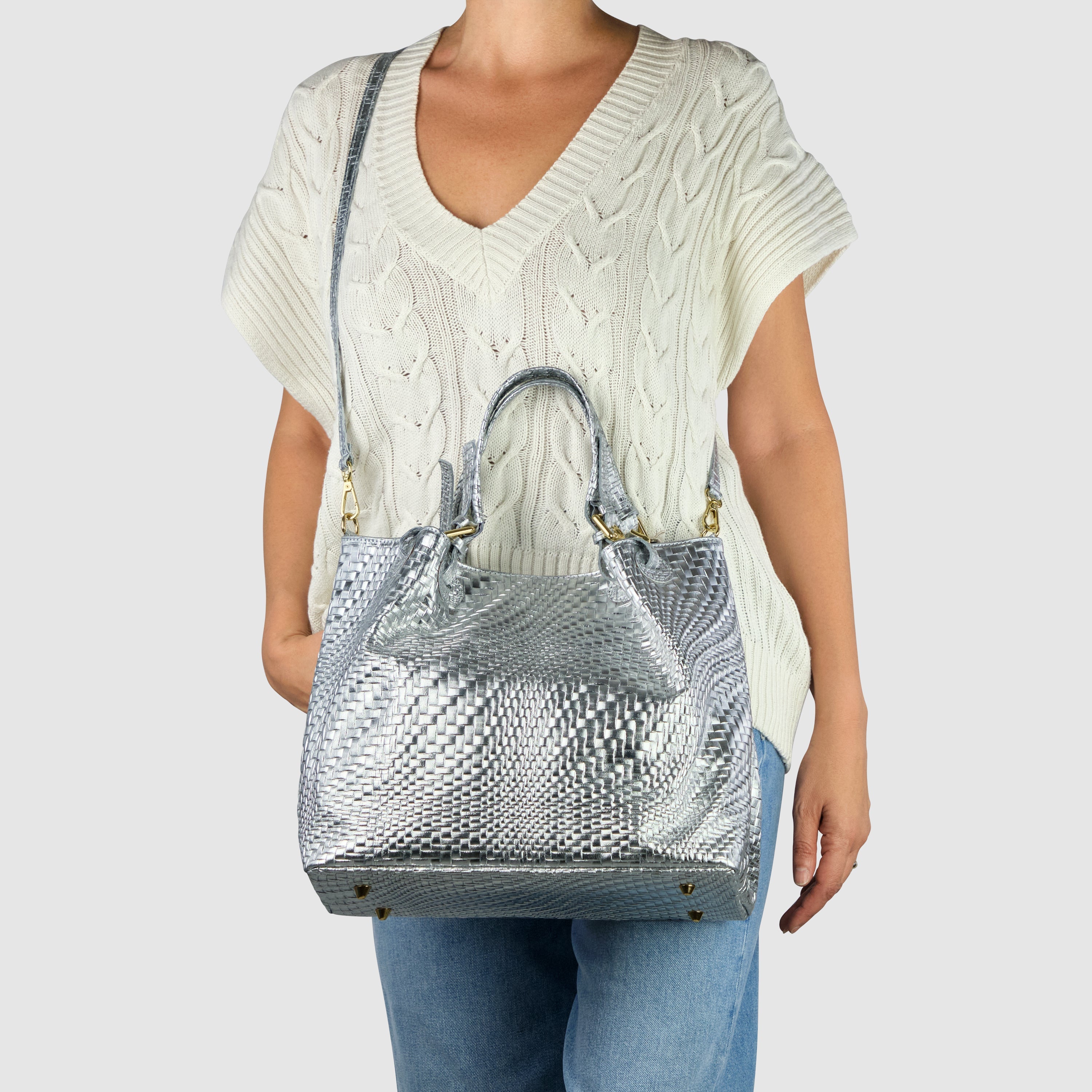 Italian Genuine Basketweave-Embossed Metallic Suede Top-Handle Bag | Imperia
