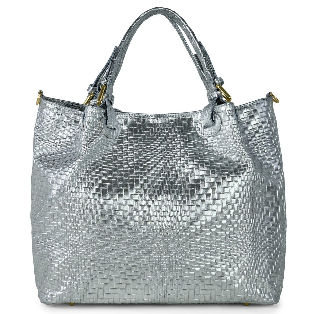 Italian Genuine Basketweave-Embossed Metallic Suede Top-Handle Bag | Imperia