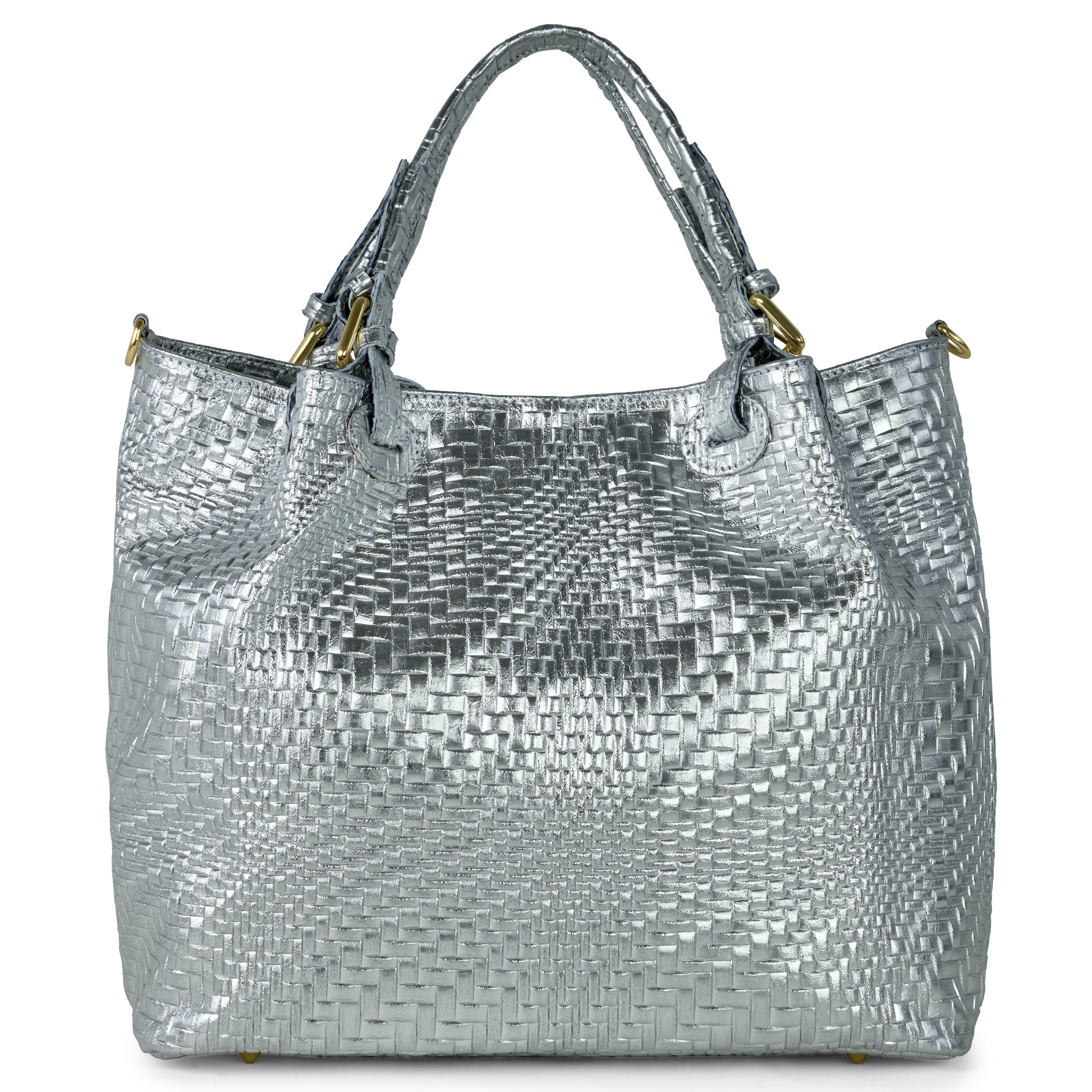Italian Genuine Basketweave-Embossed Metallic Suede Top-Handle Bag | Imperia