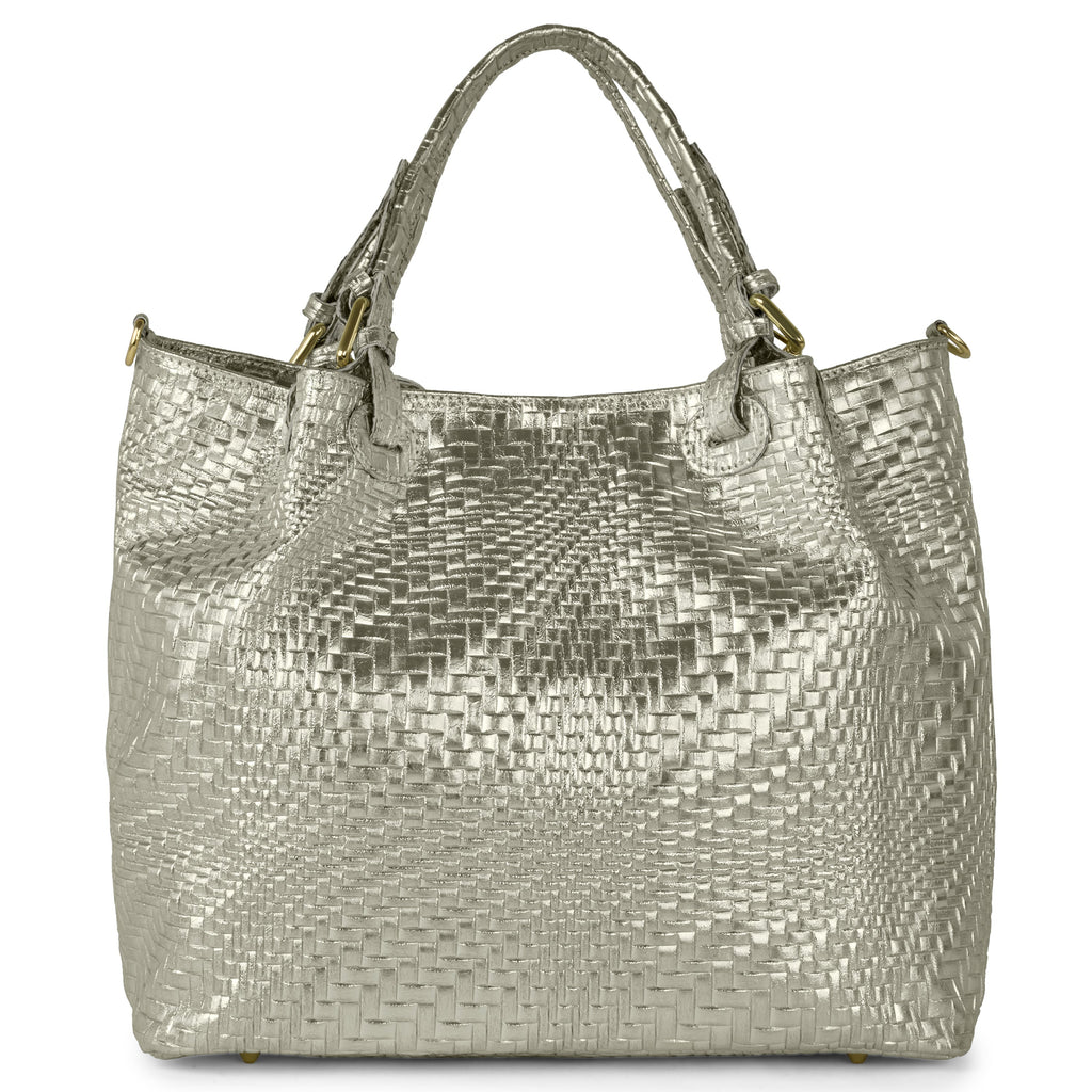 Italian Genuine Basketweave-Embossed Metallic Suede Top-Handle Bag | Imperia