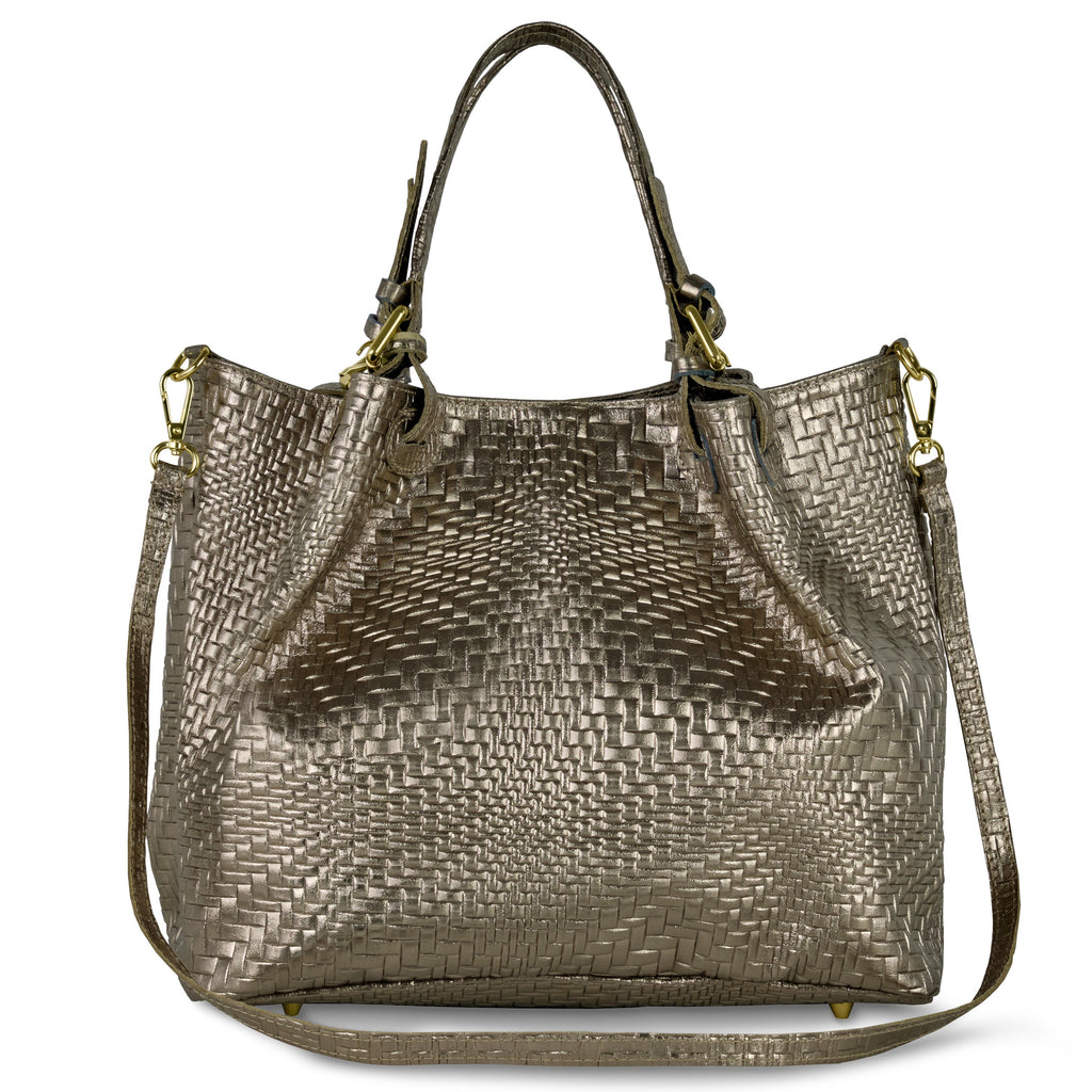 Italian Genuine Basketweave-Embossed Metallic Suede Top-Handle Bag | Imperia