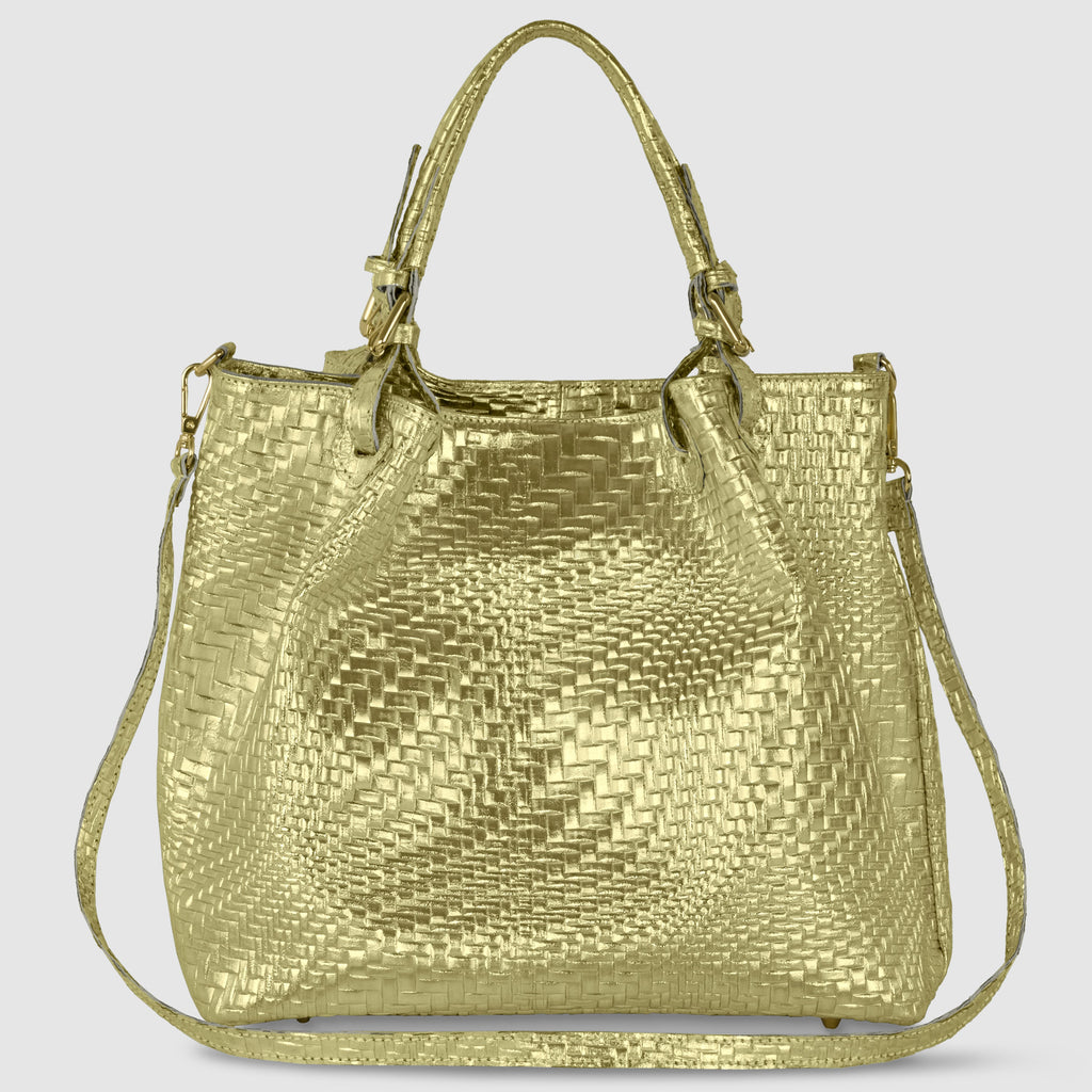 Italian Genuine Basketweave-Embossed Metallic Suede Top-Handle Bag | Imperia