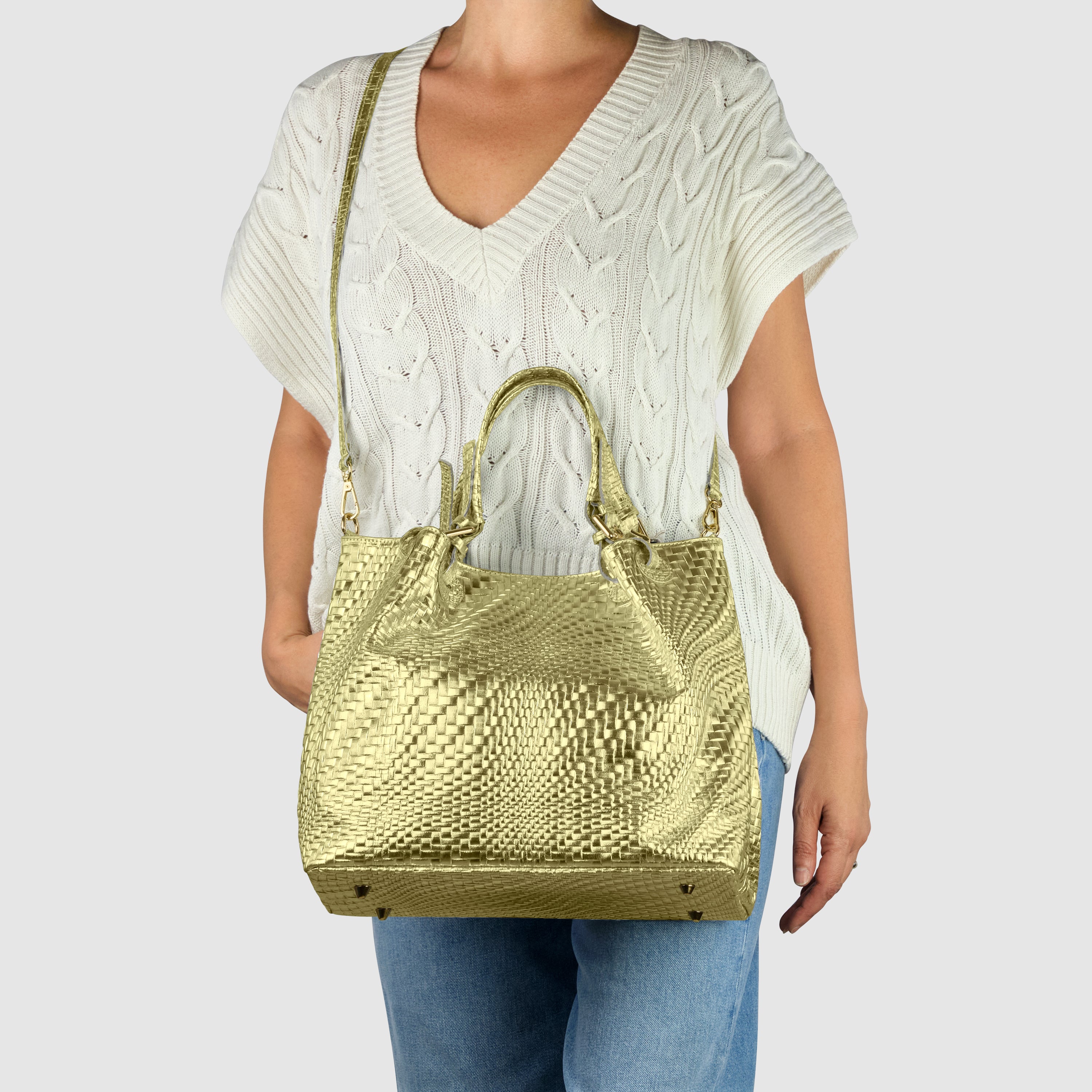 Italian Genuine Basketweave-Embossed Metallic Suede Top-Handle Bag | Imperia
