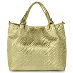 Italian Genuine Basketweave-Embossed Metallic Suede Top-Handle Bag | Imperia