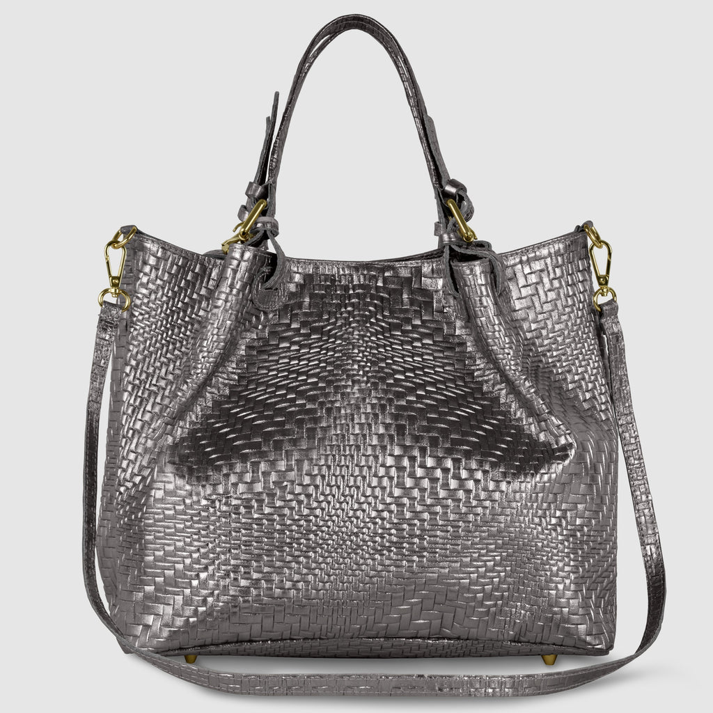 Italian Genuine Basketweave-Embossed Metallic Suede Top-Handle Bag | Imperia
