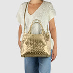 Italian Genuine Woven-Embossed Metallic Suede Top-Handle Bag | Savona