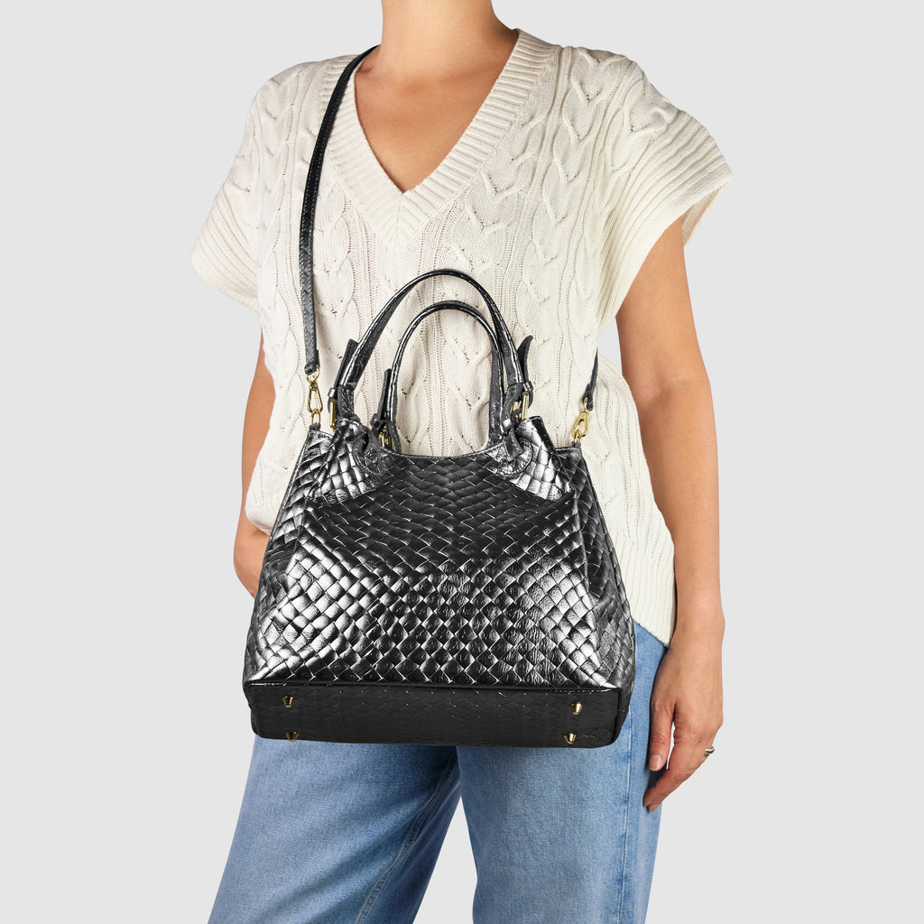 Italian Genuine Woven-Embossed Metallic Suede Top-Handle Bag | Savona