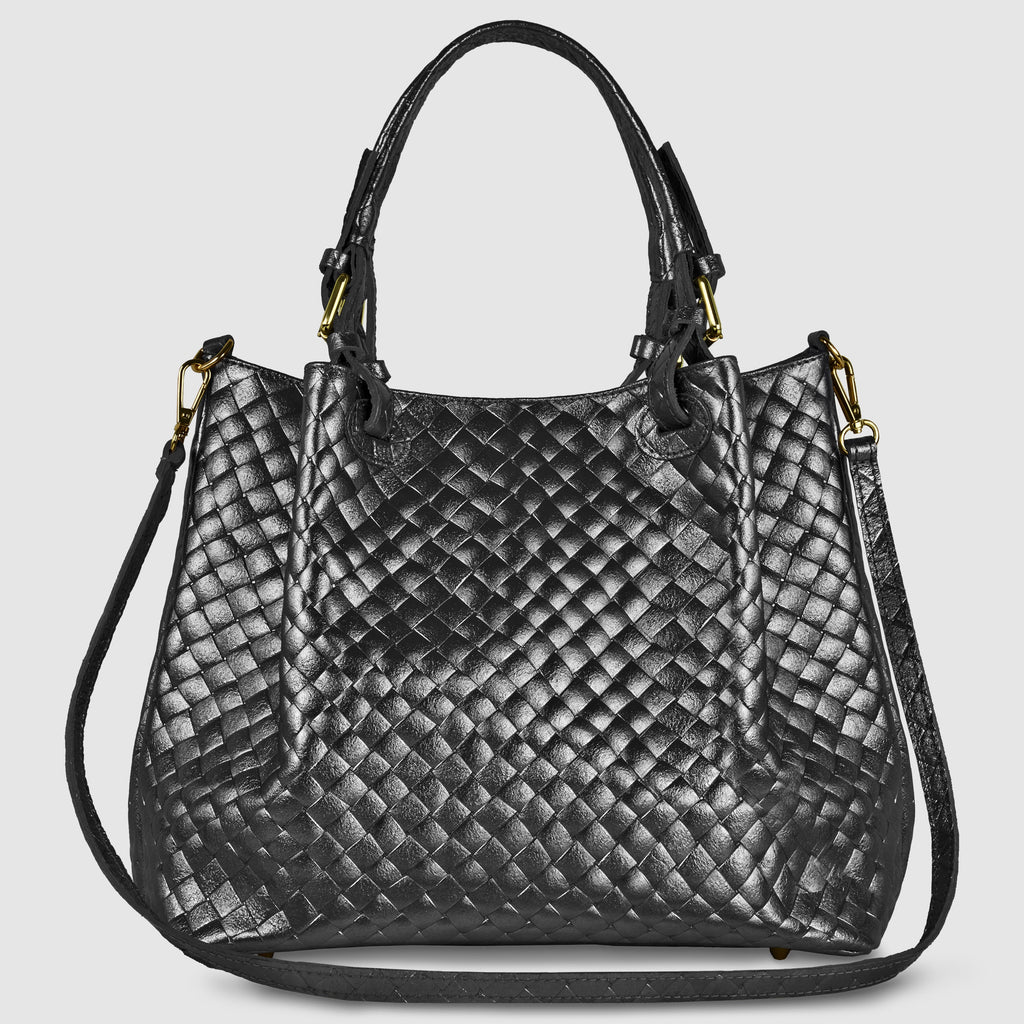 Italian Genuine Woven-Embossed Metallic Suede Top-Handle Bag | Savona