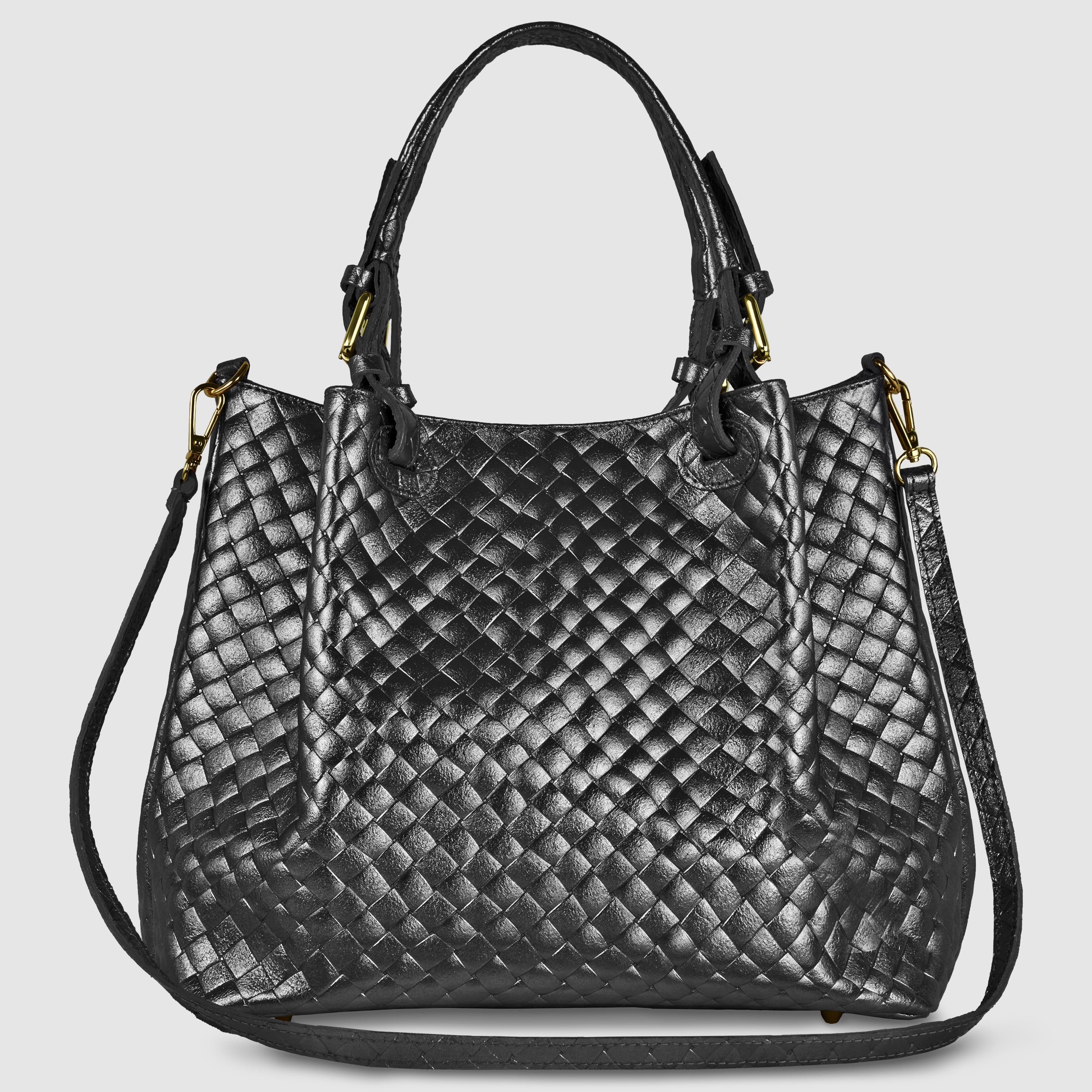 Italian Genuine Woven-Embossed Metallic Suede Top-Handle Bag | Savona