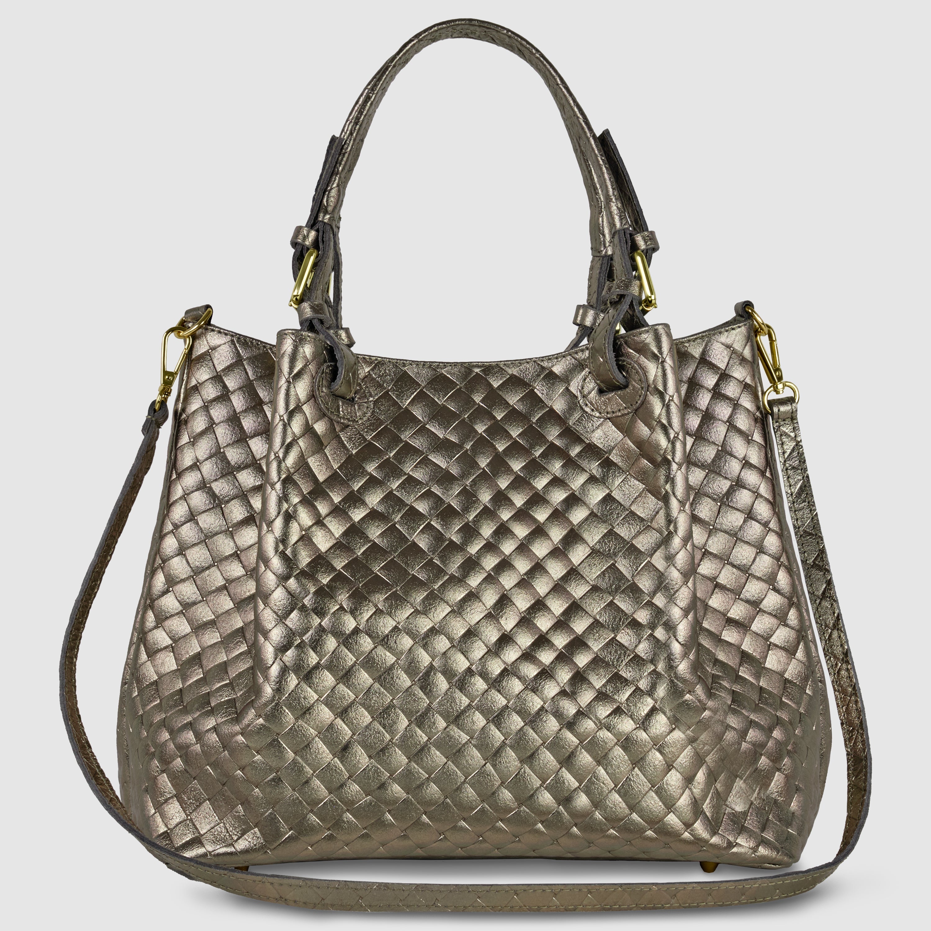 Italian Genuine Woven-Embossed Metallic Suede Top-Handle Bag | Savona