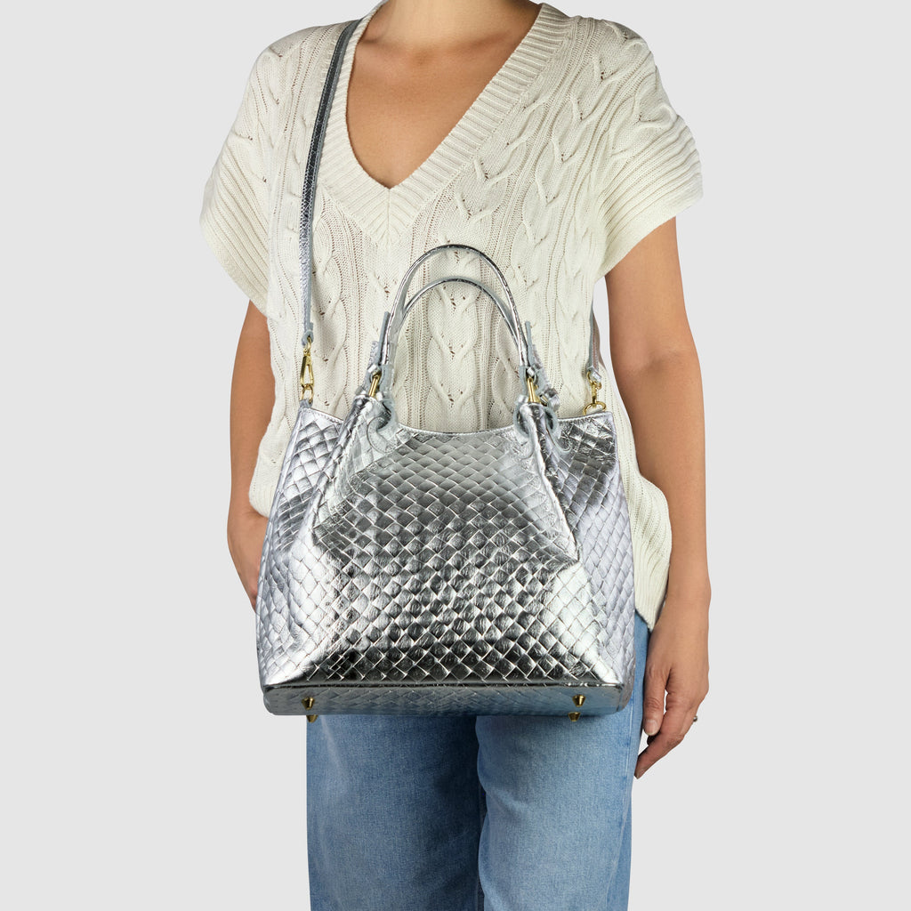 Italian Genuine Woven-Embossed Metallic Suede Top-Handle Bag | Savona