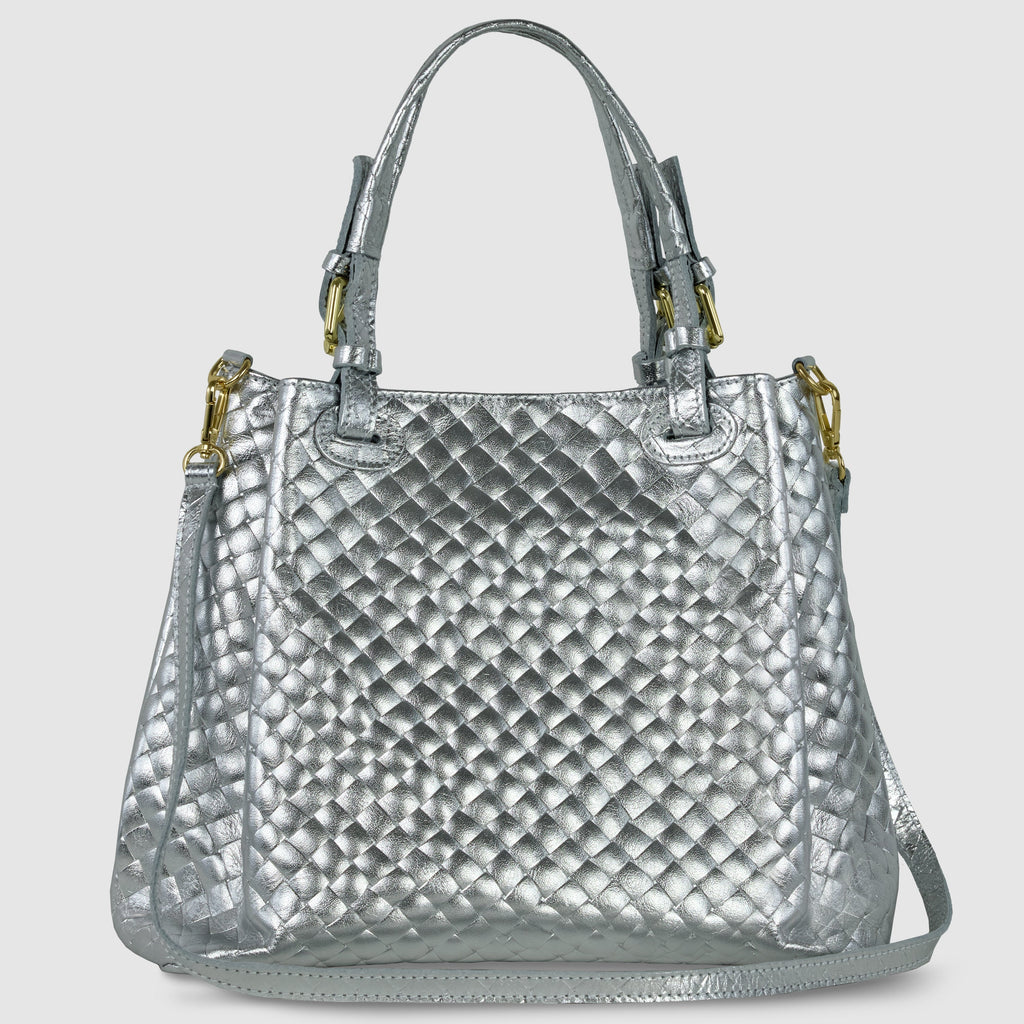 Italian Genuine Woven-Embossed Metallic Suede Top-Handle Bag | Savona
