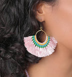 Tassel Fan Earrings Boho Cotton Tassel Lightweight 3in Drop Brass Handmade