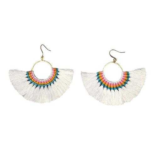 Tassel Fan Earrings Boho Cotton Tassel Lightweight 3in Drop Brass Handmade