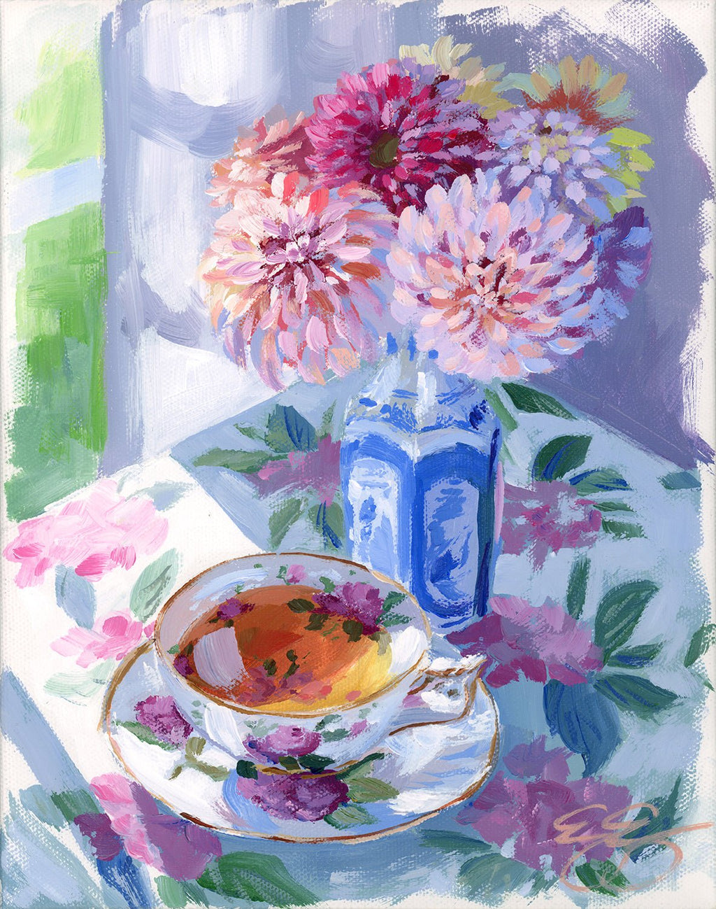 Tea and dahlias in blue and white vase (No. 500) - 8 x 10 acrylic painting on canvas - Che Cose Belle