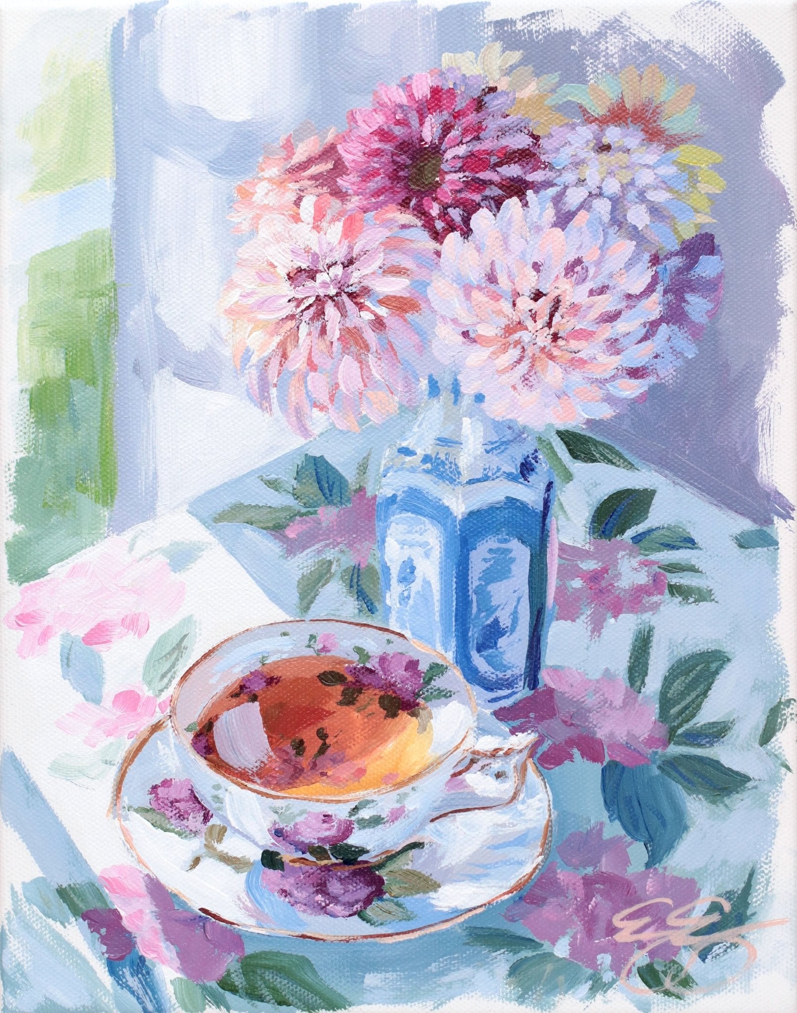 Tea and dahlias in blue and white vase (No. 500) - 8 x 10 acrylic painting on canvas - Che Cose Belle