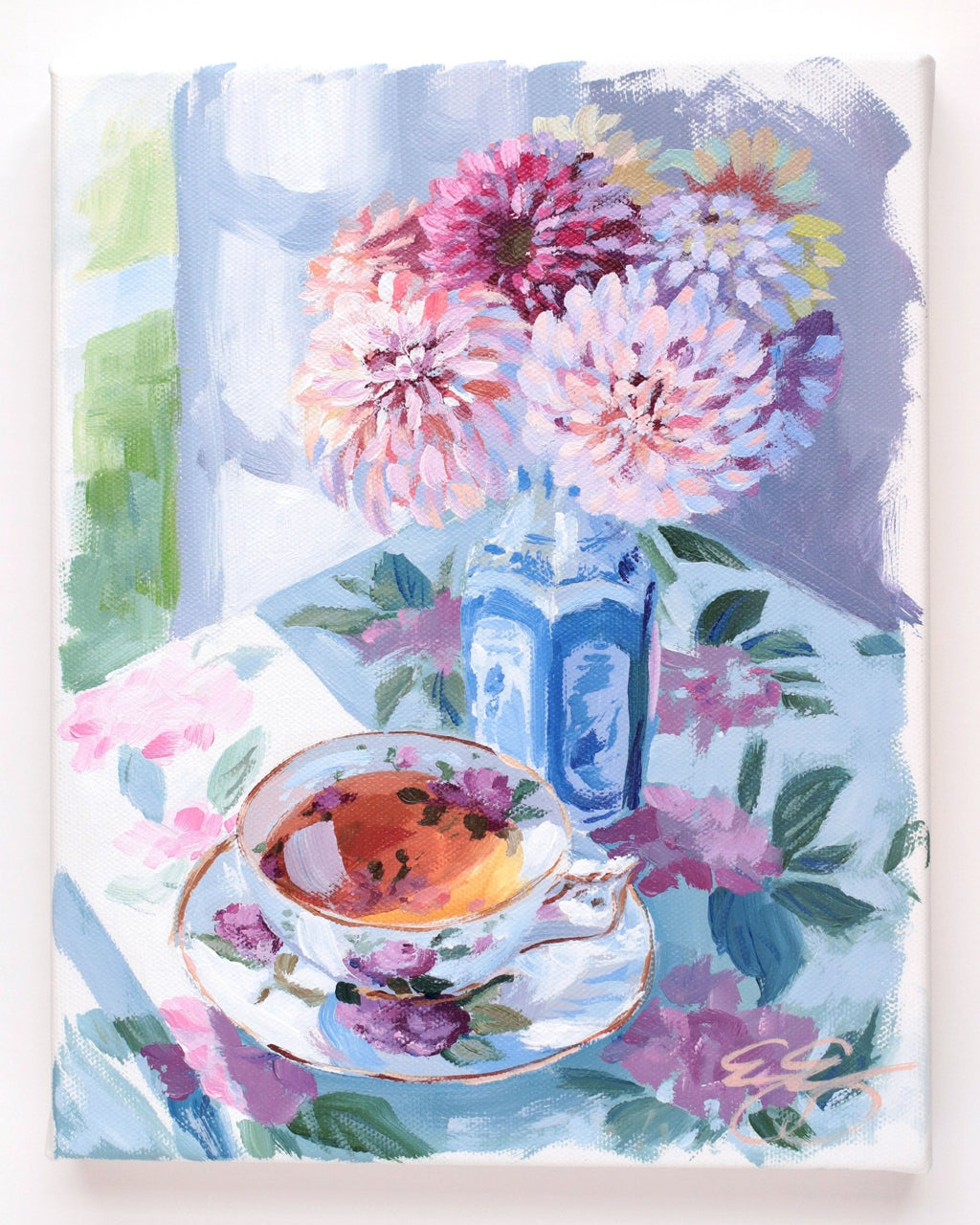 Tea and dahlias in blue and white vase (No. 500) - 8 x 10 acrylic painting on canvas - Che Cose Belle